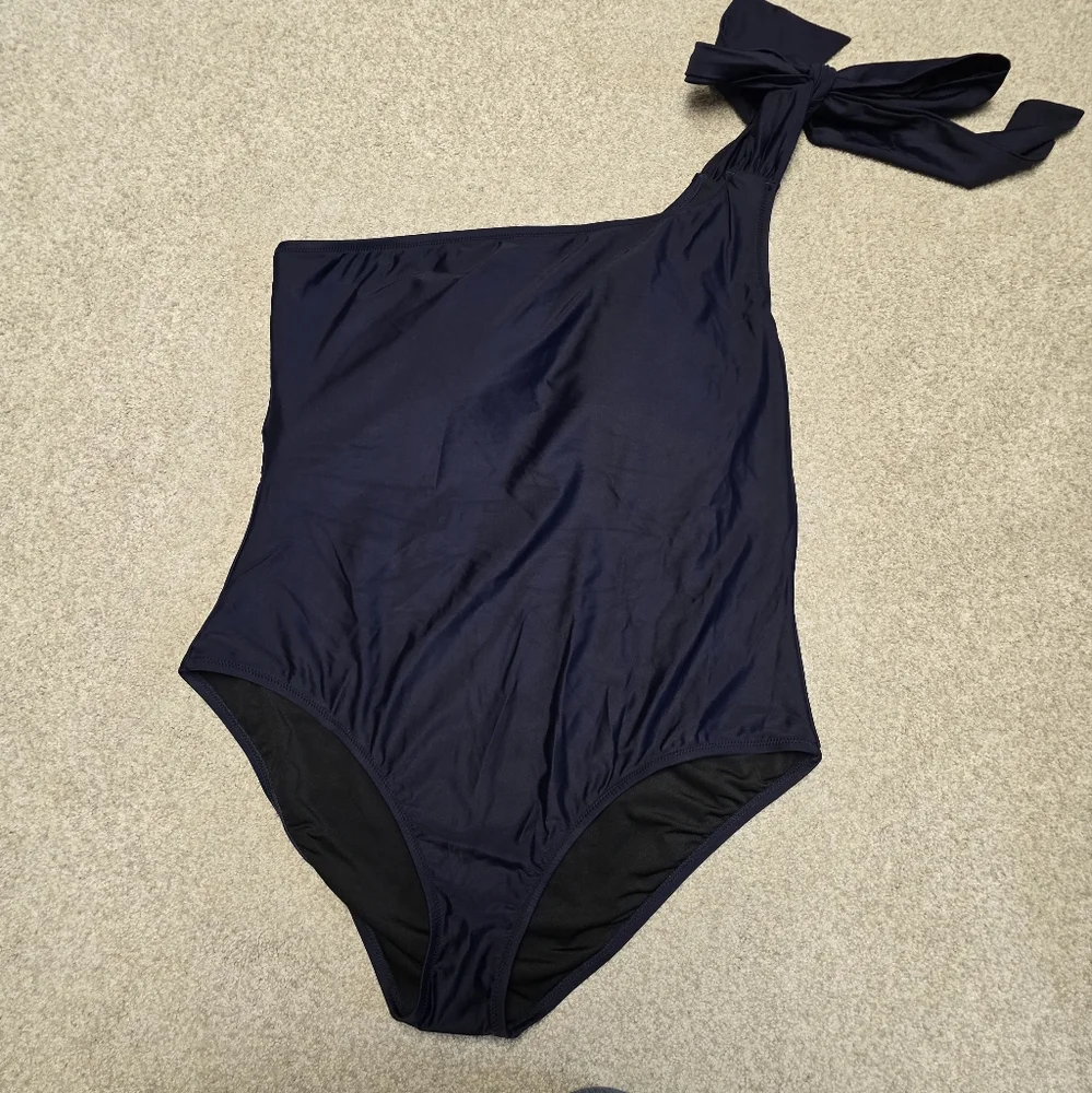 NWT J. Crew Navy Blue Bow Tie One Shoulder One-Piece Swimsuit Size 20